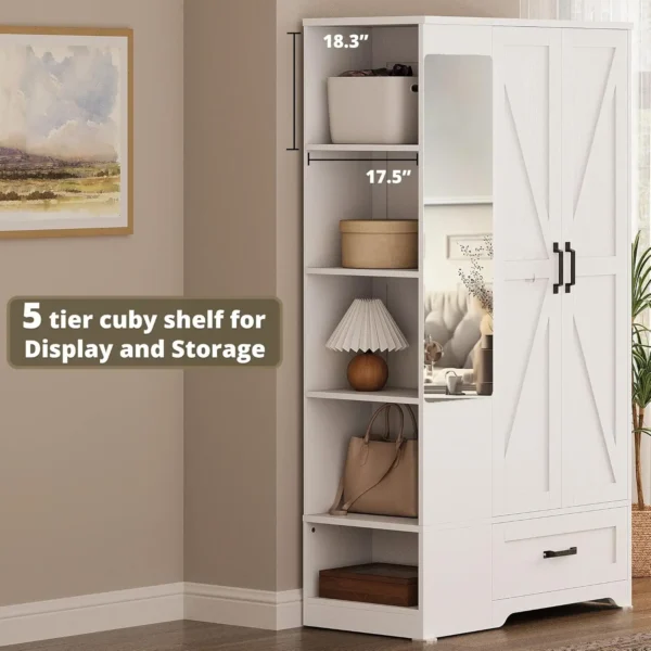 Wardrobe Closet with Barn Doors and Drawers and Full Mirror and 5 Storage Shelves 70" Wooden Bedroom Wardrobe Combination for Ha - Image 4