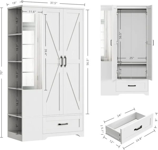 Wardrobe Closet with Barn Doors and Drawers and Full Mirror and 5 Storage Shelves 70" Wooden Bedroom Wardrobe Combination for Ha - Image 2
