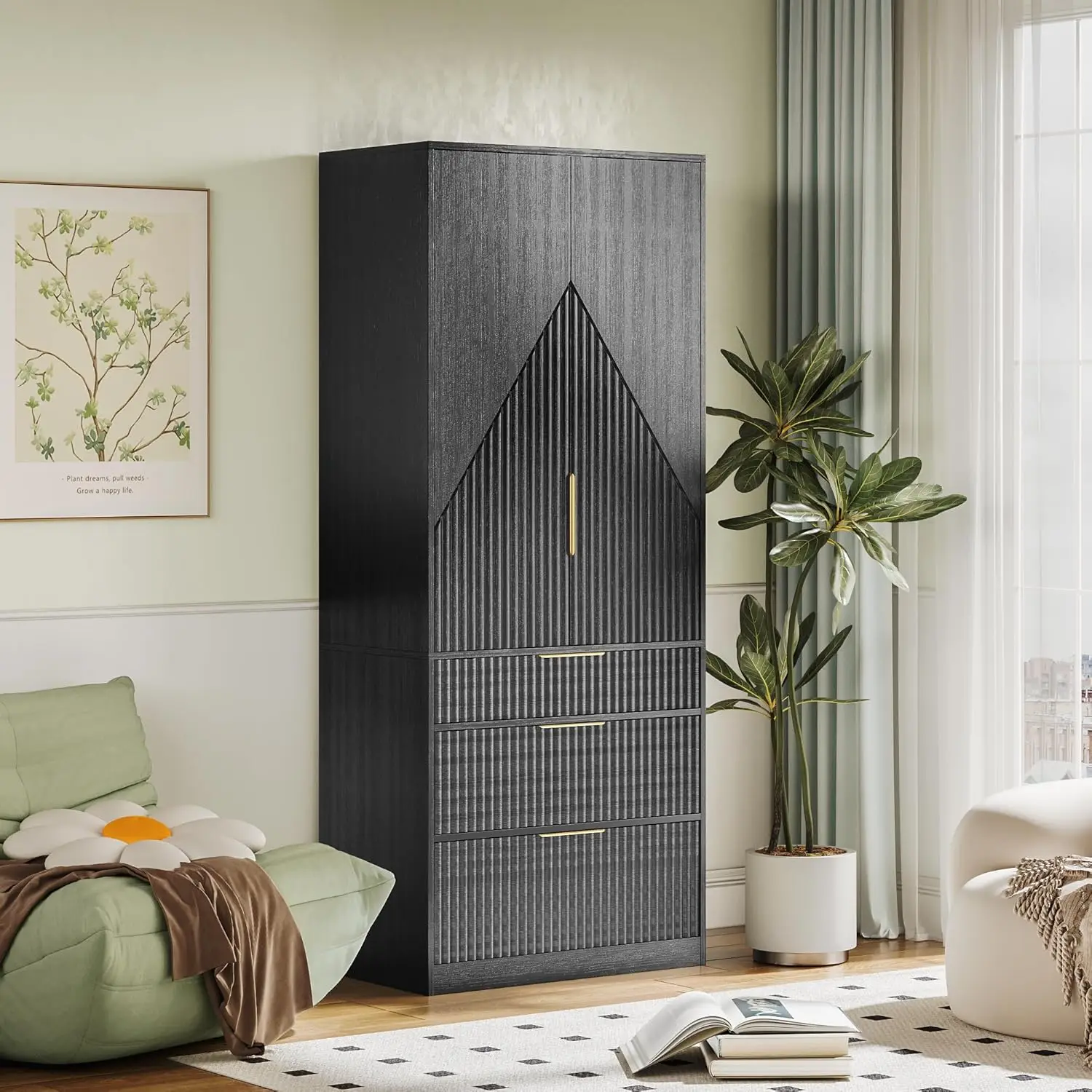 Wooden Closet with 2 Doors and 3 Drawers, Bedroom Armoire with Hanging Rod Shelf, Large Capacity Storage Wardrobe Armoire, Frees