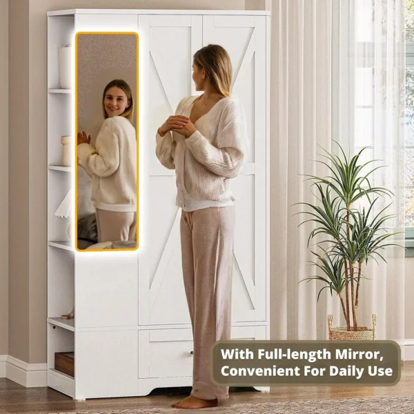 Wardrobe Closet with Barn Doors and Drawers and Full Mirror and 5 Storage Shelves 70" Wooden Bedroom Wardrobe Combination for Ha - Image 5
