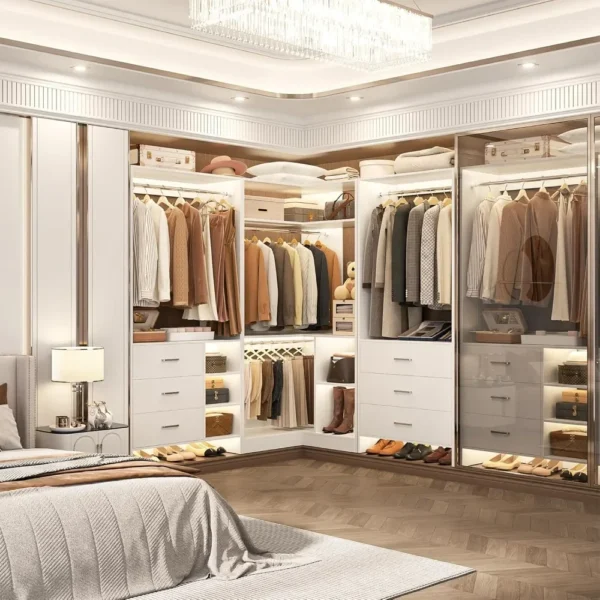 3 Sets of Wardrobe Systems, 86.8-inch Wardrobe Storage System with 6 Drawers and 4 Hangers, L-shaped Walk-in Wardrobe