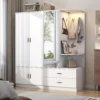 with Mirror and Sensor Light, Bedroom Armoire with 5 Doors 2 Drawers, Wooden Large Wardrobe Closet with Shelves, Wardrobes