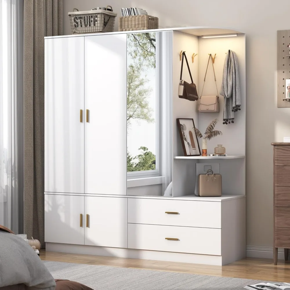 with Mirror and Sensor Light, Bedroom Armoire with 5 Doors 2 Drawers, Wooden Large Wardrobe Closet with Shelves, Wardrobes