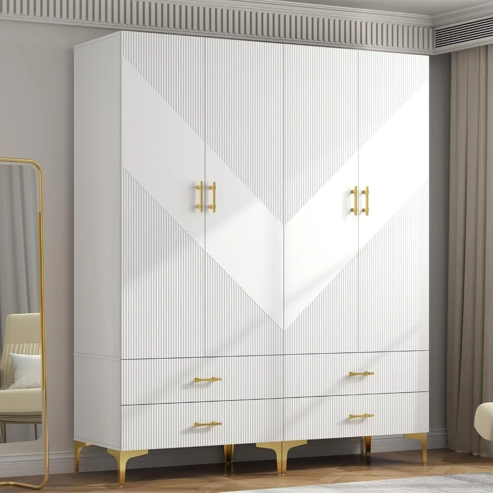 Wardrobe Armoire with 4 Doors, 4 Drawers and 2 Hanging Rods, Twill Wood Closet Storage with Metal Cabinet Legs, Wardrobes