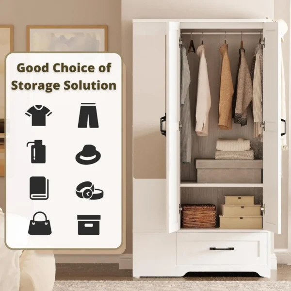 Wardrobe Closet with Barn Doors and Drawers and Full Mirror and 5 Storage Shelves 70" Wooden Bedroom Wardrobe Combination for Ha - Image 3