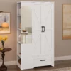 Wardrobe Closet with Barn Doors and Drawers and Full Mirror and 5 Storage Shelves 70" Wooden Bedroom Wardrobe Combination for Ha