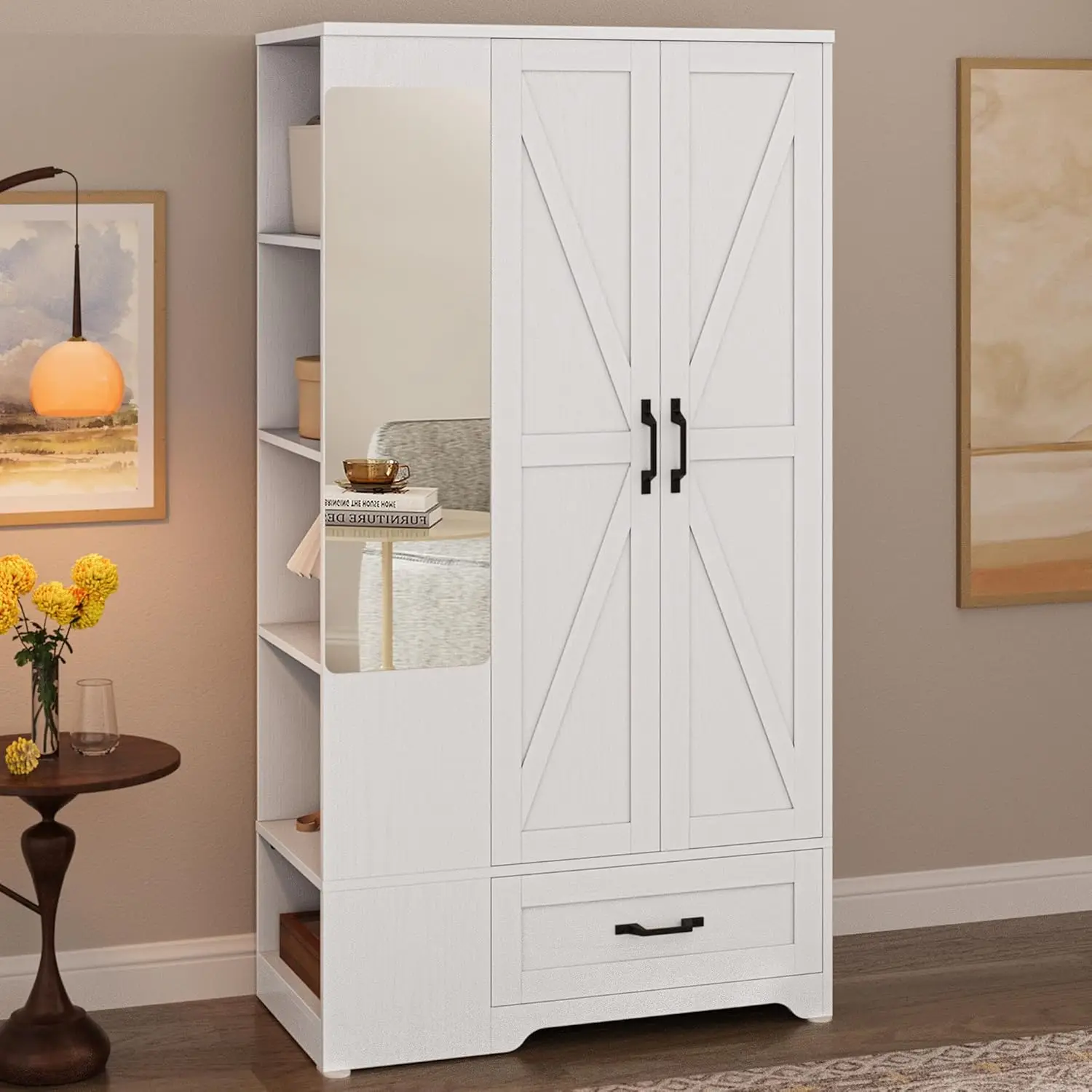 Wardrobe Closet with Barn Doors and Drawers and Full Mirror and 5 Storage Shelves 70" Wooden Bedroom Wardrobe Combination for Ha