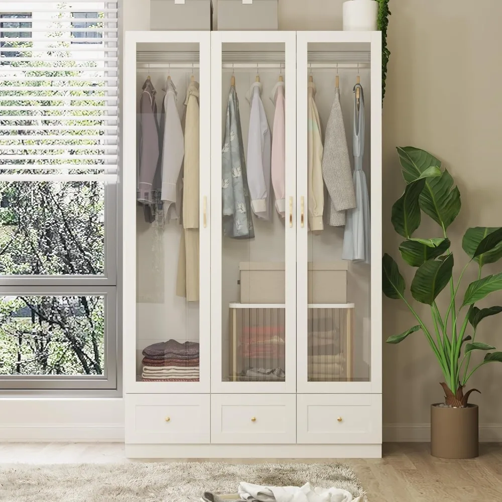 White Wardrobe Cabinet with Glass Doors, Wooden Armoire Closet with 3 Drawers & 2 Hanging Rod, Bedroom Armoire for Storage